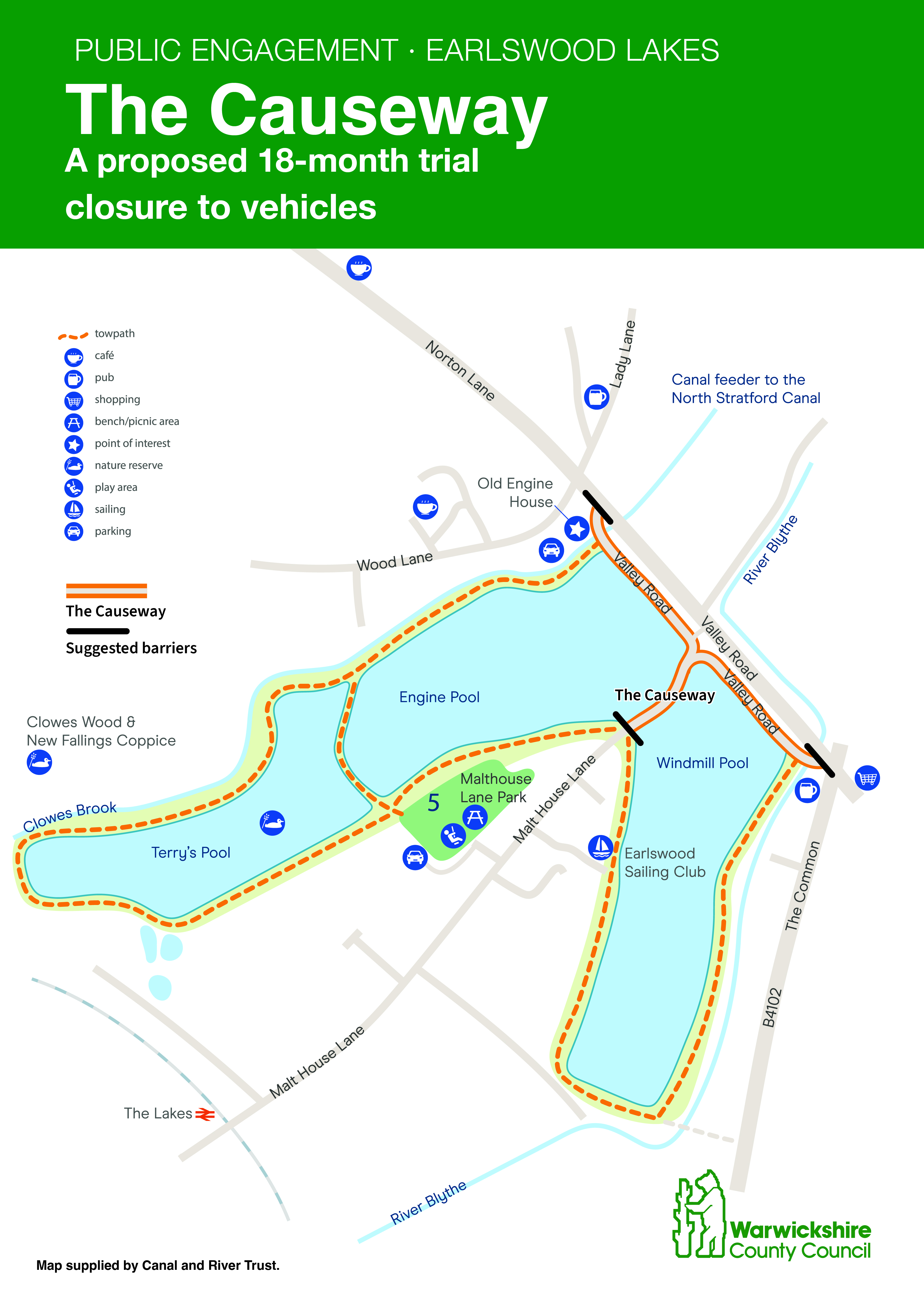 Map shows The Causeway, Earlswood Lakes and Valley Road to indicate location of proposed 18-month trial closure. It highlights three entry / exit routes - one where Malthouse Lane crosses the lake and two where each end meets Valley Road.