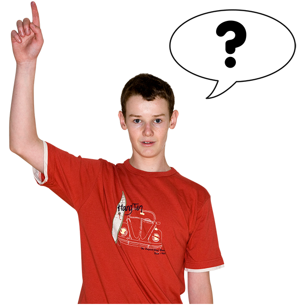 Young man with hand in air and speech bubble with question mark
