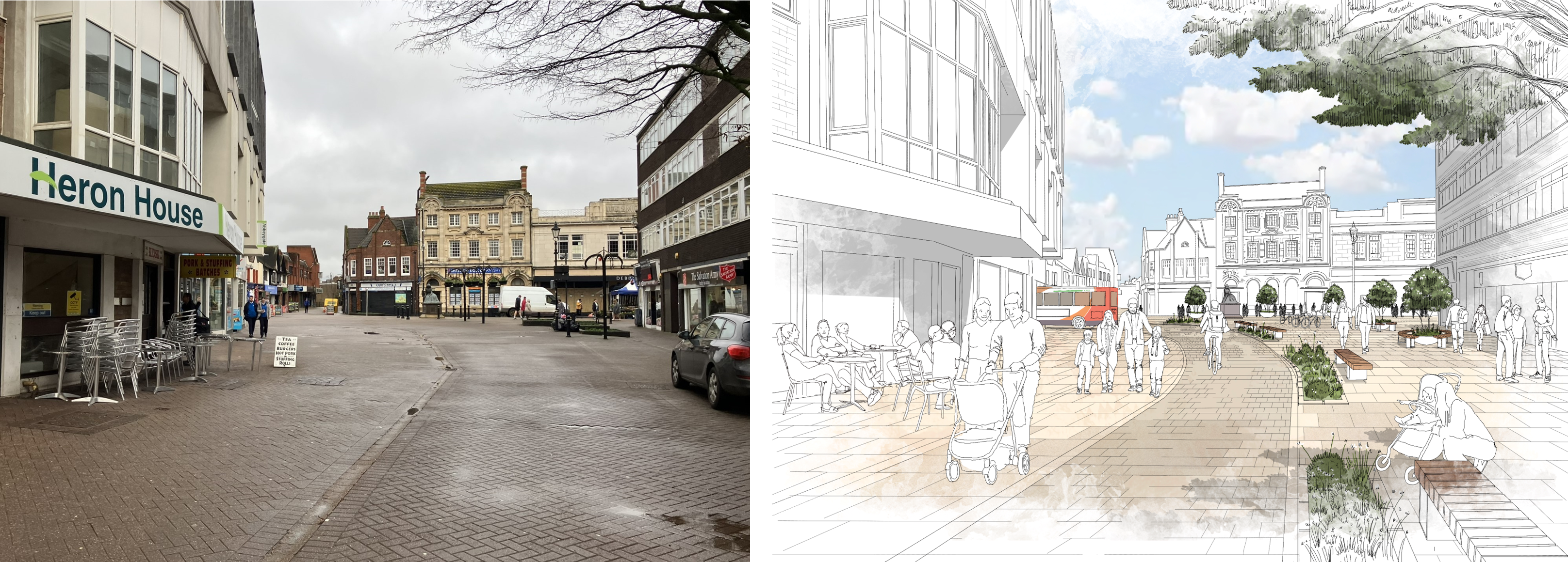 Photograph of Newdegate Street with artist impression of proposals from similar viewpoint