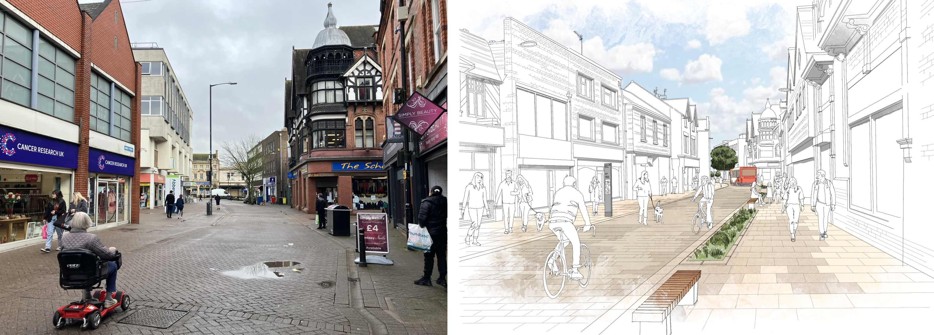 Photograph of Abbey Street with artist impression of proposals from similar viewpoint