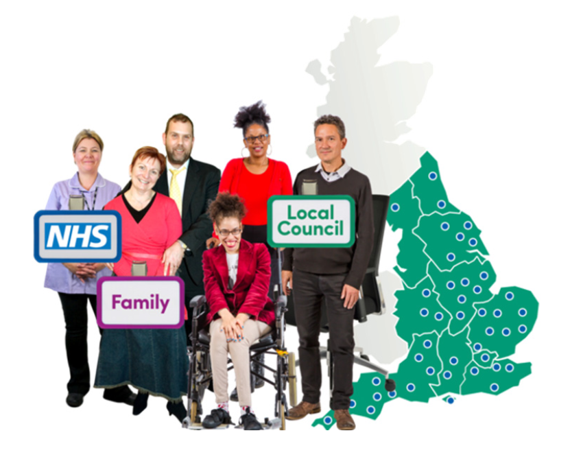 Young lady in a wheelchair with other adults with the words 'NHS', Family, and 'Local Council'. There is also a map of England.
