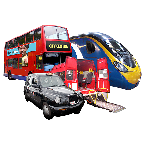 picture shows a bus, train, minibus and taxi